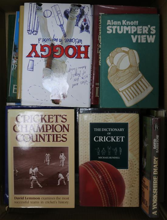 Three boxes of cricket books including signed Bob Willis autobiography